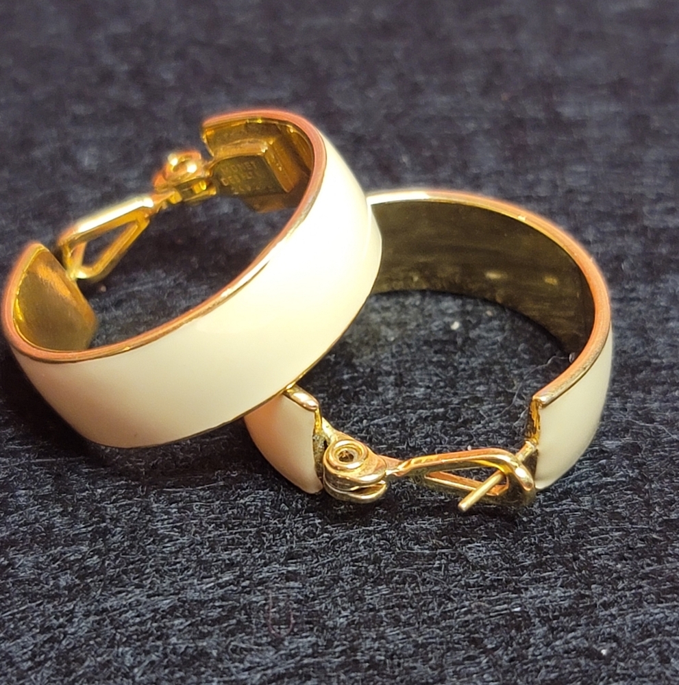 Monet Signed Gold & Cream Enamel Earrings, Hoop, Pierced French Back - Vintage